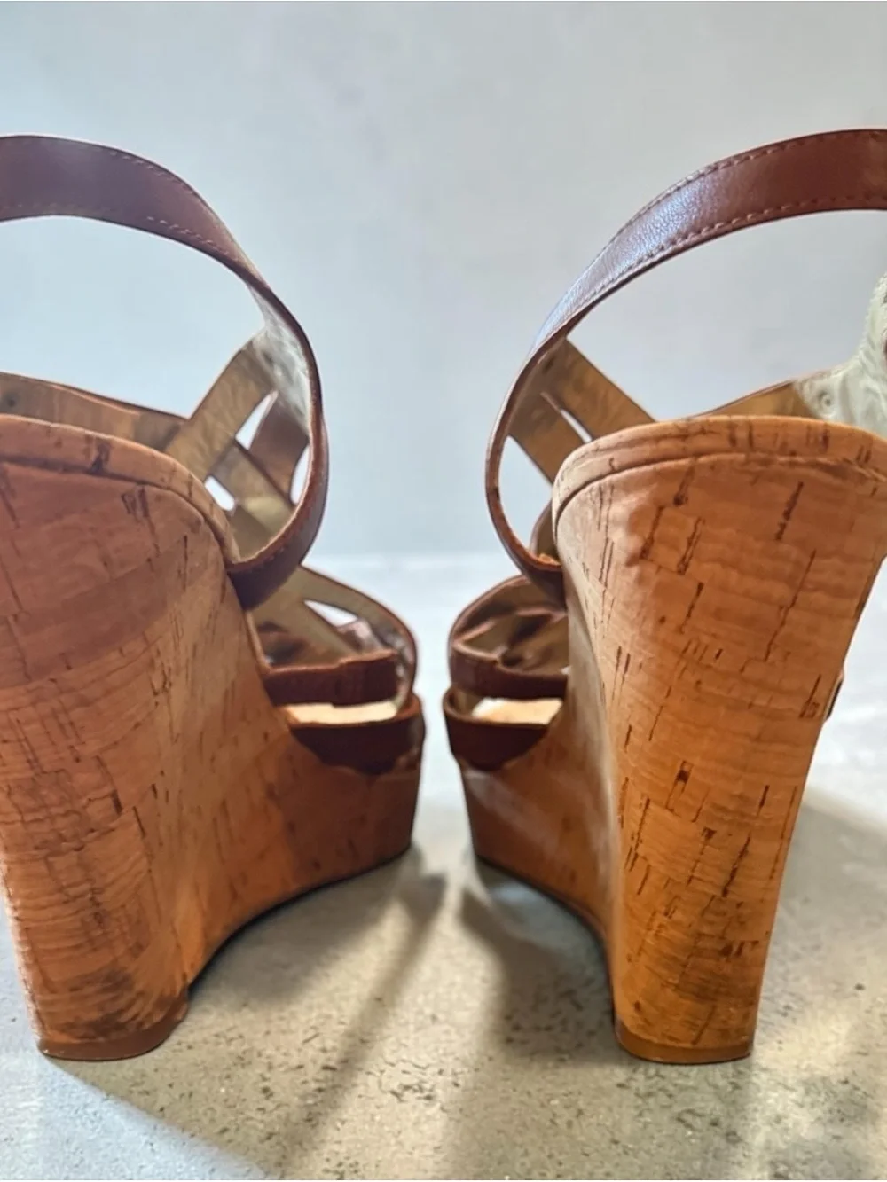 GUESS brown leather woven cage platform cork wedge sandals Sz 6.5 Fair UC